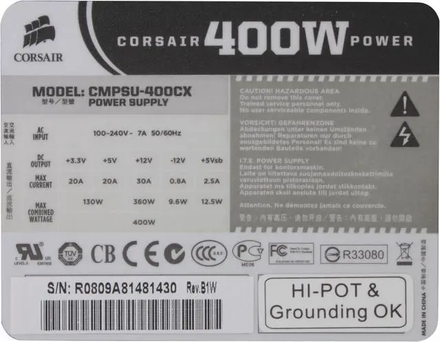Alt view image 5 of 10 - CORSAIR CMPSU-400CX 400 W ATX12V V2.2 80 PLUS Certified Compatible with Core i7 Power Supply