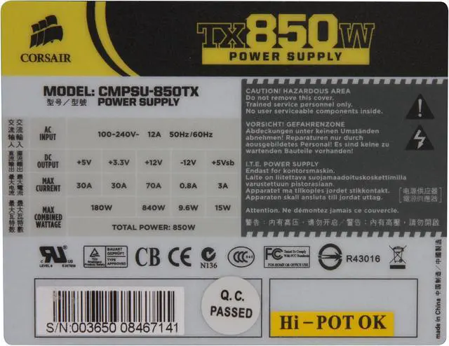 Alt view image 5 of 9 - CORSAIR Enthusiast Series CMPSU-850TX 850 W ATX12V v2.2 / EPS12V v2.91 SLI Certified CrossFire Ready 80 PLUS Certified Active PFC Power Supply