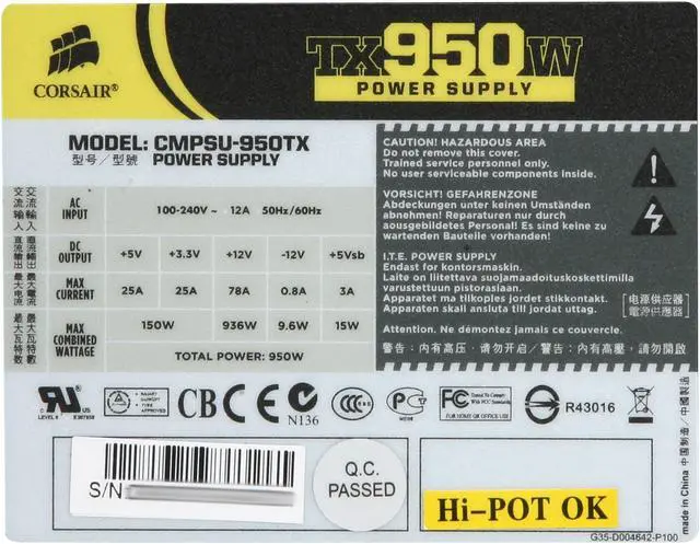 Alt view image 3 of 5 - CORSAIR Enthusiast Series TX950 (CMPSU-950TX) 950 W ATX12V v2.3/EPS12V v2.91 SLI Ready 80 PLUS BRONZE Certified Active PFC Power Supply