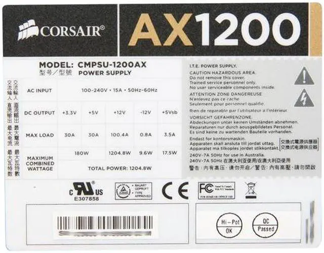 Alt view image 5 of 7 - CORSAIR Professional Series Gold AX1200 (CMPSU-1200AX) 1200 W ATX12V v2.31 / EPS12V v2.92 SLI Certified 80 PLUS GOLD Certified Full Modular Active PFC Power Supply