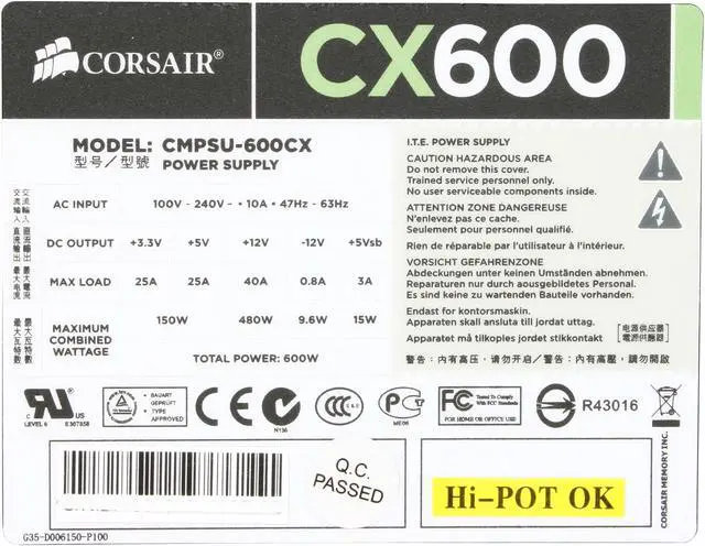 Alt view image 5 of 7 - CORSAIR Builder Series CX600 (CMPSU-600CX) 600 W ATX12V v2.3 Active PFC Power Supply