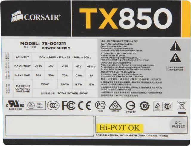 Alt view image 5 of 7 - CORSAIR Enthusiast Series TX850 V2 850W ATX12V v2.31/ EPS12V v2.92 80 PLUS BRONZE Certified Active PFC High Performance Power Supply