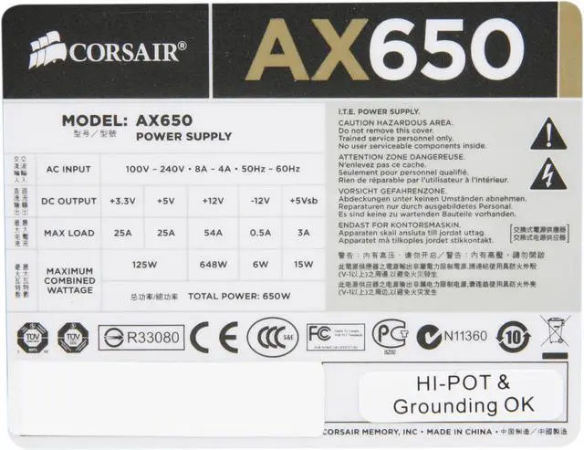 Alt view image 5 of 6 - CORSAIR Professional Series Gold AX650 650 W ATX12V v2.31 / EPSV12 v2.92 80 PLUS GOLD Certified Full Modular Active PFC High Performance Power Supply