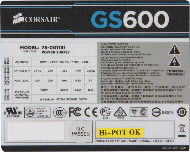 Alt view image 5 of 7 - CORSAIR GS series GS600 600 W ATX12V v2.3 SLI Ready CrossFire Ready 80 PLUS BRONZE Certified Active PFC Power Supply New 4th Gen CPU Certified Haswell Ready