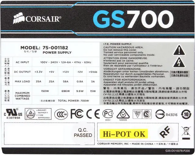 Alt view image 5 of 7 - Corsair Certified CP-9020064-NA GS series GS700 700W ATX12V v2.3 SLI Ready CrossFire Ready 80 PLUS BRONZE Certified Active PFC Power Supply New 4th Gen CPU Certified Haswell Ready