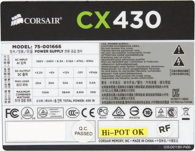 Alt view image 5 of 7 - Corsair Certified CP-9020046-NA CX series CX430 430W ATX12V v2.3 80 PLUS BRONZE Certified Active PFC Power Supply