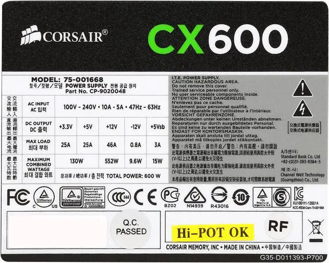 Alt view image 5 of 7 - Corsair Certified CX Series CX600 600W 80 Plus Bronze Active PFC Power Supply