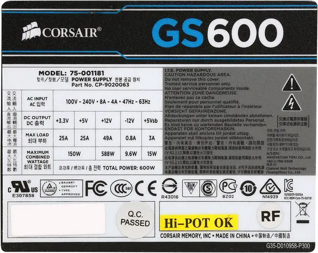 Alt view image 5 of 7 - Corsair Certified CP-9020063-NA GS series GS600 600W ATX12V v2.3 SLI Ready CrossFire Ready 80 PLUS BRONZE Certified Active PFC Power Supply New 4th Gen CPU Certified Haswell Ready