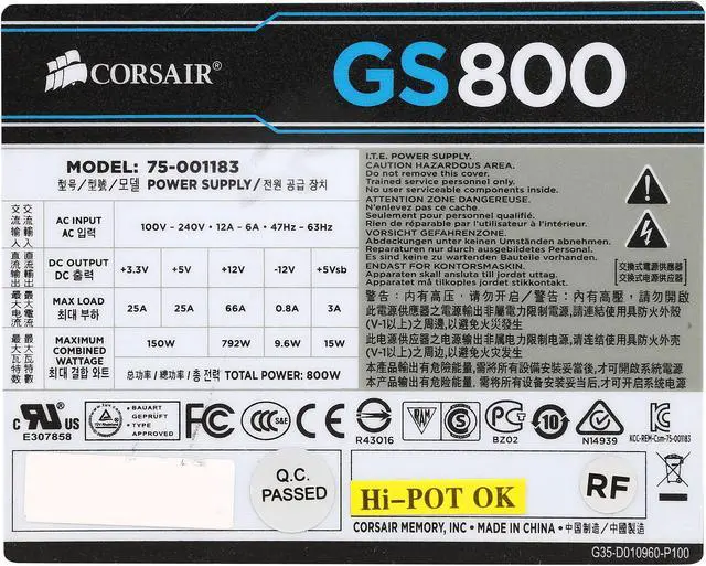 Alt view image 5 of 7 - Corsair Certified CP-9020065-NA GS series GS800 800W ATX12V v2.3 SLI Ready CrossFire Ready 80 PLUS BRONZE Certified Active PFC Power Supply New 4th Gen CPU Certified Haswell Ready
