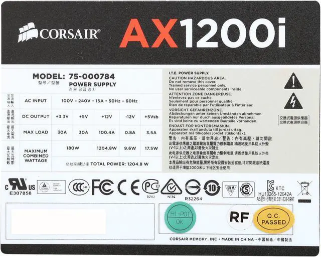 Alt view image 6 of 7 - Corsair Certified CP-9020008-NA AXi series AX1200i 1200W Digital ATX12V v2.31 and EPS 2.92 SLI Ready CrossFire Ready 80 PLUS PLATINUM Certified Full Modular Active PFC Power Supply New 4th Gen CPU Certified Haswell Ready
