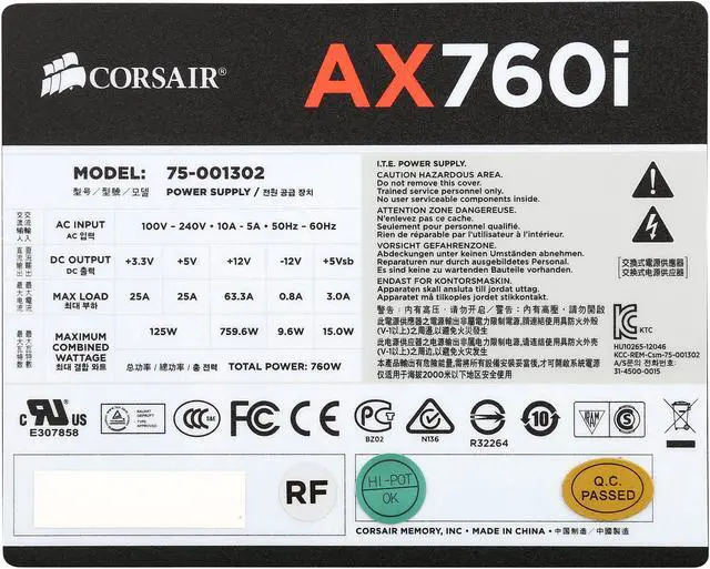 Alt view image 6 of 7 - Corsair Certified CP-9020036-NA AXi series AX760i 760W Digital ATX12V / EPS12V SLI Ready CrossFire Ready 80 PLUS PLATINUM Certified Full Modular Active PFC Power Supply New 4th Gen CPU Certified Haswell Ready
