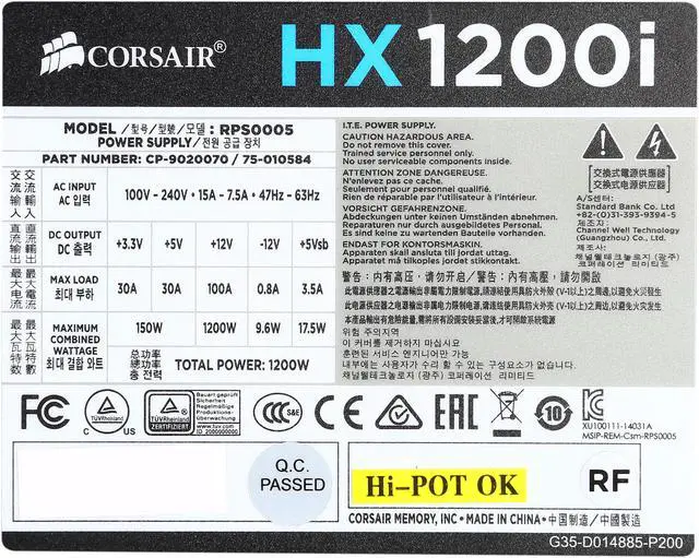 Alt view image 6 of 7 - Corsair Certified CP-9020070-NA HXi Series, HX1200i, 1200 Watt 1200W, Fully Modular Power Supply, 80+ Platinum Certified