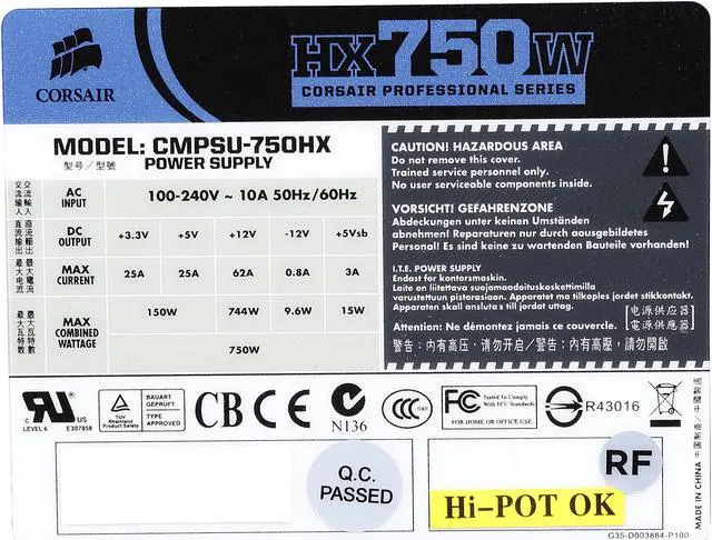 Alt view image 6 of 7 - Corsair Certified CMPSU-750HX Professional Series HX750 CMPSU-750HX 750W ATX12V 80 PLUS SILVER Certified Yes Power Supply