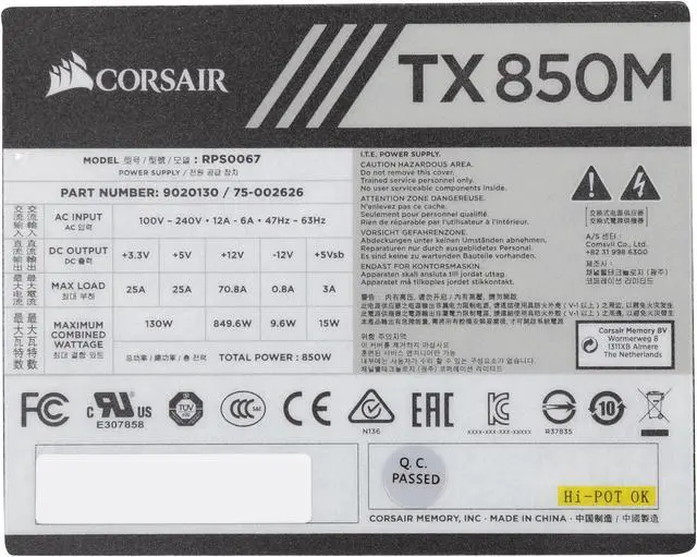 Alt view image 7 of 7 - CORSAIR TX-M Series TX850M CP-9020130-NA 850 W ATX12V v2.4 / EPS 2.92 80 PLUS GOLD Certified Semi-Modular Power Supply