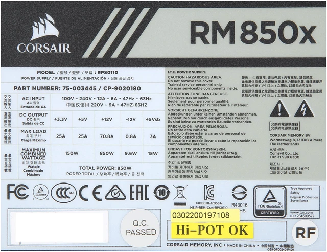 Alt view image 5 of 6 - CORSAIR RMx Series RM850x CP-9020180-NA/RF 850 W ATX12V / EPS12V 80 PLUS GOLD Certified Full Modular Power Supply