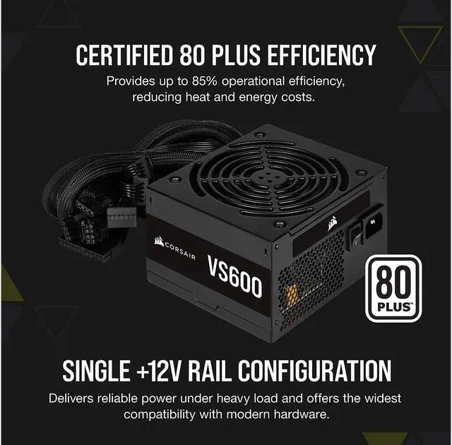 Alt view image 3 of 14 - CORSAIR VS Series VS600 600W 80 PLUS Certified Non-Modular ATX Power Supply, CP-9020224-NA