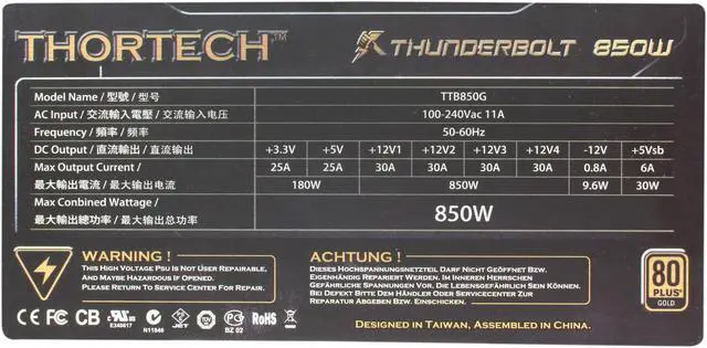 Alt view image 5 of 7 - Thortech Thunderbolt 850W TTB850G ATX 12V v2.3 / EPS 12V v2.91 SLI Ready CrossFire Ready 80 PLUS GOLD Certified Modular Active PFC Power Supply