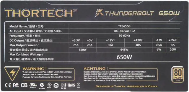 Alt view image 5 of 7 - Thortech Thunderbolt 650W TTB650G ATX 12V v2.3 / EPS 12V v2.91 SLI Ready CrossFire Ready 80 PLUS GOLD Certified Modular Active PFC Power Supply
