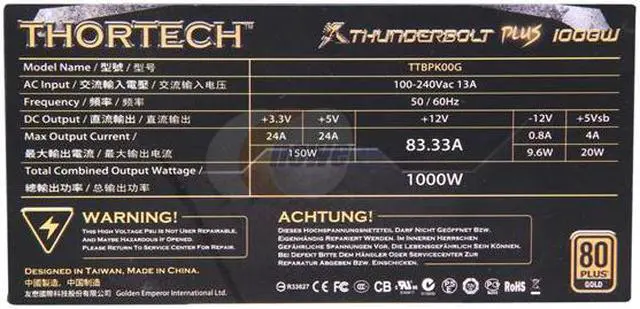 Alt view image 6 of 8 - Thortech Thunderbolt Plus TTBPK00G 1000 W ATX12V 80 PLUS GOLD Certified Modular Active PFC Power Supply
