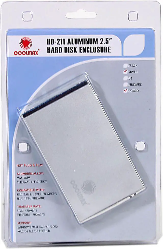 Alt view image 4 of 4 - COOLMAX HD-211-COMBO Aluminum 2.5" IDE USB2.0 mini + IEEE1394 Silver External Enclosure