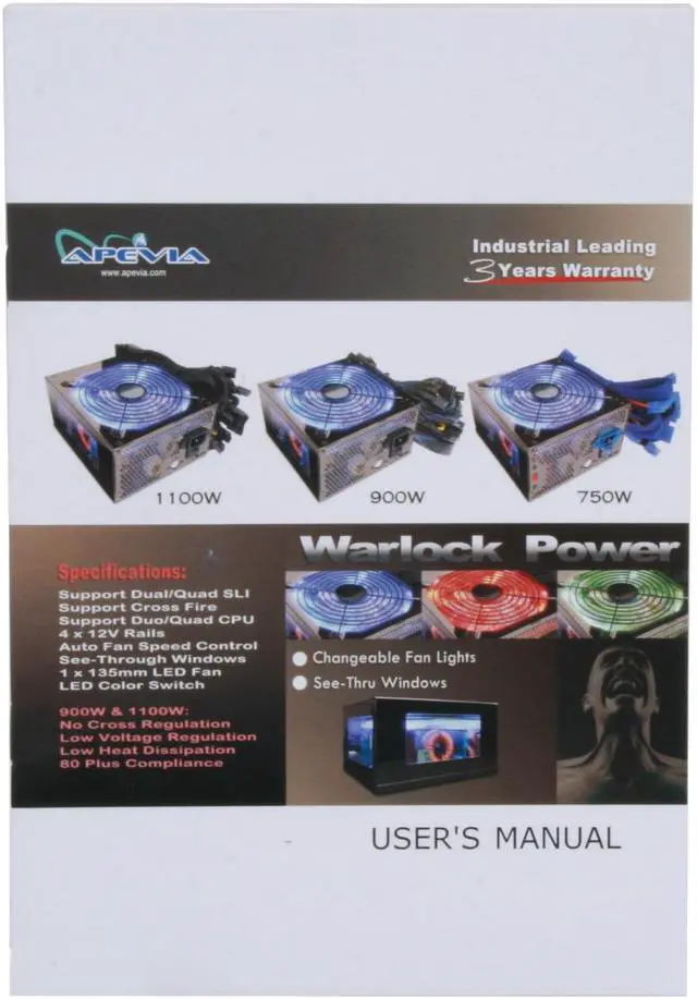 Alt view image 9 of 13 - APEVIA WARLOCK POWER ATX-WA1100W 1100 W ATX12V / EPS12V SLI Ready CrossFire Ready Active PFC Power Supply