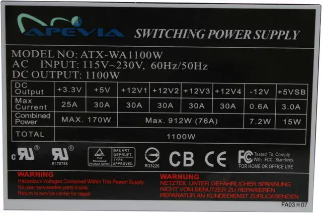 Alt view image 10 of 13 - APEVIA WARLOCK POWER ATX-WA1100W 1100 W ATX12V / EPS12V SLI Ready CrossFire Ready Active PFC Power Supply
