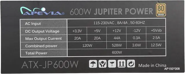 Alt view image 7 of 8 - APEVIA Jupiter Series ATX-JP600W 600 W ATX12V SLI CrossFire 80 PLUS BRONZE Certified Power Supply