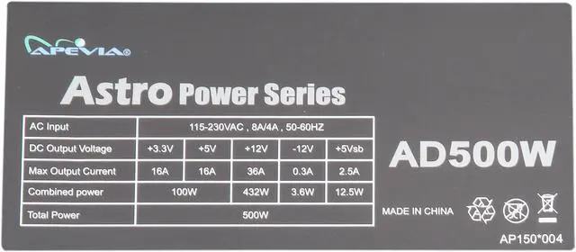 Alt view image 7 of 8 - APEVIA ATX-AD500W Astro 500W ATX Power Supply with Dual Auto-Thermally Controlled 80mm Fans, 115/230V Switch, All Protections