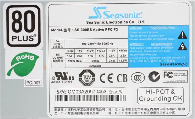 Alt view image 4 of 6 - SeaSonic SS-300ES 300 W ATX12V Ver.2.2 80 PLUS Certified Active PFC Power Supply - OEM