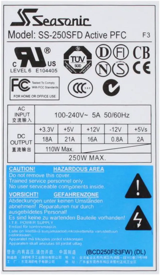 Alt view image 5 of 7 - SeaSonic SS-250SFD 250 W SFX12V V2.3 Active PFC Power Supply - OEM