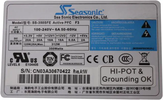 Alt view image 4 of 6 - SeaSonic SS-350SFE 350 W SFX12V V3.1 80 PLUS Certified Active PFC Power Supply - OEM