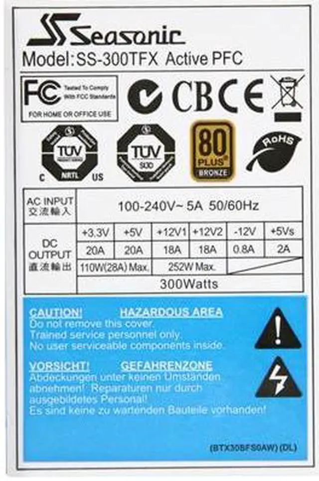 Alt view image 5 of 6 - SeaSonic SS-300TFX Bronze 300 W TFX12V v2.3 80 PLUS BRONZE Certified Active PFC Power Supply - OEM