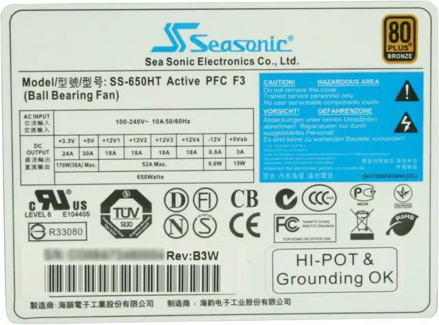 Alt view image 5 of 6 - SeaSonic SS-650HT 650 W ATX12V v2.31/EPS 12V v2.92 SLI Ready 80 PLUS BRONZE Certified Active PFC Power Supply - OEM