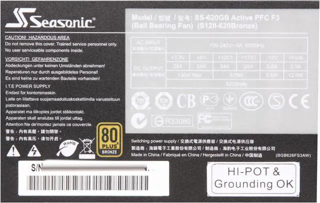 Alt view image 5 of 7 - SeaSonic S12II Series S12II 620 Bronze (SS-620GB) 620 W Intel ATX 12 V 80 PLUS BRONZE Certified Active PFC Power Supply