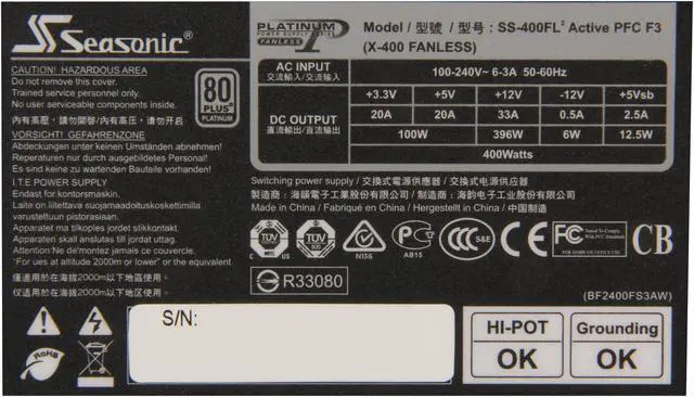 Alt view image 6 of 6 - SeaSonic Platinum Series SS-400FL2 Active PFC F3 400W ATX12V Fanless 80 PLUS Platinum Certified Modular Active PFC Power Supply New 4th Gen CPU Certified Haswell Ready