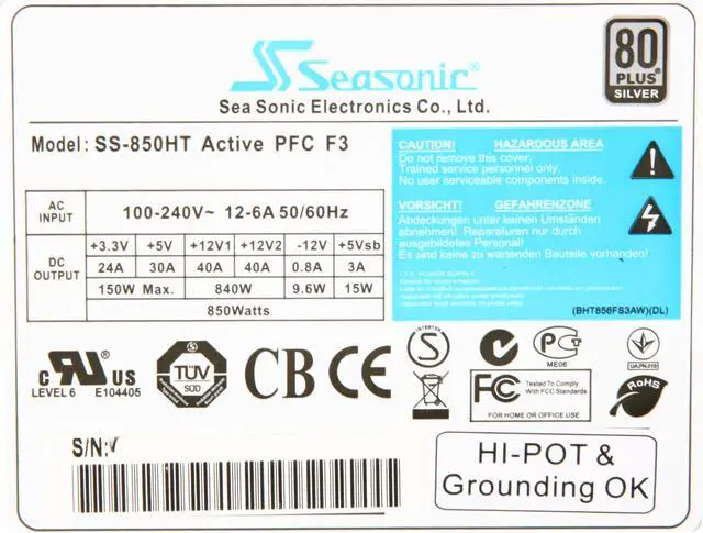 Alt view image 5 of 5 - Seasonic SS-850HT 850W ATX12V v2.31,EPS12V v2.92 80Plus Silver Certified, Active PFC Power Supply - OEM