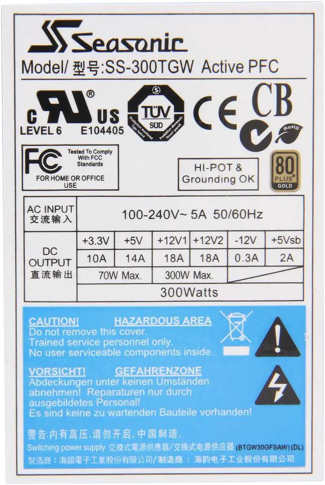 Alt view image 4 of 6 - SeaSonic SS-300TGW 300 W TFX12V (v2.31) 80 PLUS GOLD Certified Active PFC Power Supply - OEM