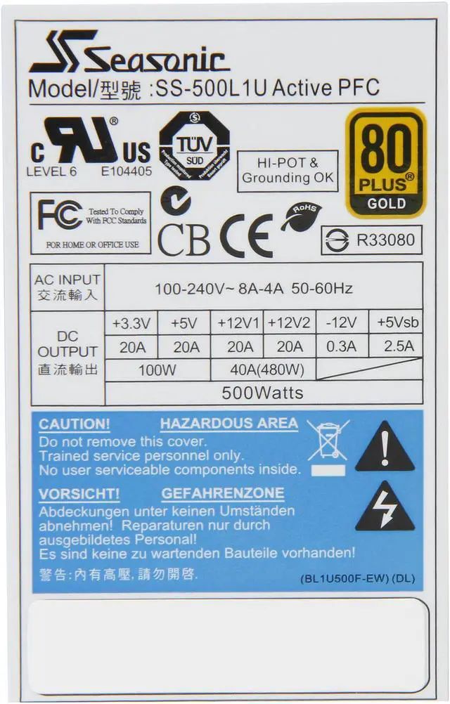 Alt view image 6 of 7 - SeaSonic SS-500L1U 500W Single Server Power Supply - 80PLUS Gold - OEM