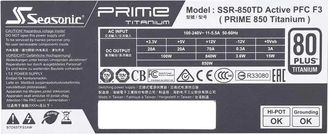 Alt view image 6 of 7 - Seasonic Flagship PRIME TITANIUM 850 SSR-850TD Active PFC 80 PLUS Titanium 850W ATX 12V 135mm Fluid Dynamic Bearing Fan Super Quiet Power Supply