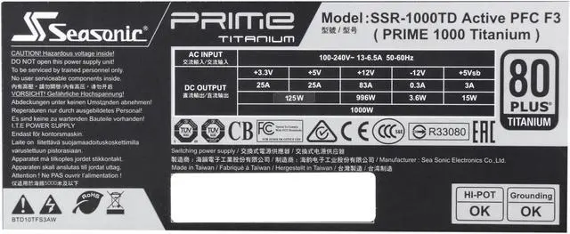 Alt view image 6 of 7 - Seasonic Flagship PRIME TITANIUM 1000 SSR-1000TD 1000W 80+ Titanium Full Modular ATX12V & EPS12V 135mm FDB Fan Super Quiet Power Supply