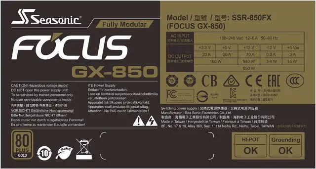 Alt view image 4 of 16 - Seasonic FOCUS GX-850, 850W 80+ Gold, Full-Modular, ATX Form Factor, Low Noise, Premium Japanese Capacitor, 10 Year Warranty, Nvidia RTX 30/40 Super, AMD GPU Compatible, Ref# SSR-850FX