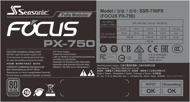 Alt view image 7 of 10 - Seasonic FOCUS PX-750, 750W 80+ Platinum, Full Modular, ATX Form Factor, Low Noise, Premium Japanese Capacitor, 10 Year Warranty, Nvidia RTX 30/40 Super, AMD GPU Compatible, Ref# SSR-750PX