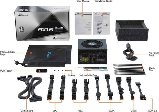 Alt view image 10 of 10 - Seasonic FOCUS PX-750, 750W 80+ Platinum, Full Modular, ATX Form Factor, Low Noise, Premium Japanese Capacitor, 10 Year Warranty, Nvidia RTX 30/40 Super, AMD GPU Compatible, Ref# SSR-750PX