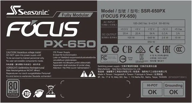 Alt view image 7 of 9 - Seasonic FOCUS PX-650, 650W 80+ Platinum Full-Modular, Fan Control in Fanless, Silent, and Cooling Mode, 10 Year Warranty, Perfect Power Supply for Gaming and Various Application, SSR-650PX.