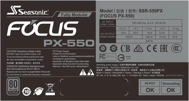 Alt view image 7 of 10 - Seasonic FOCUS PX-550, 550W 80+ Platinum Full-Modular, Fan Control in Fanless, Silent, and Cooling Mode, 10 Year Warranty, Perfect Power Supply for Gaming and Various Application, SSR-550PX.