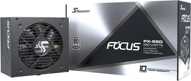 Main image of Seasonic FOCUS PX-550, 550W 80+ Platinum Full-Modular, Fan Control in Fanless, Silent, and Cooling Mode, 10 Year Warranty, Perfect Power Supply for Gaming and Various Application, SSR-550PX.