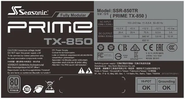 Alt view image 5 of 9 - Seasonic PRIME TX-850, 850W 80+ Titanium, ATX Form Factor, Full Modular, Low Noise, Premium Japanese Capacitor, 12 Year Warranty, Nvidia RTX 30/40 Super, AMD GPU Compatible, Ref# SSR-850TR