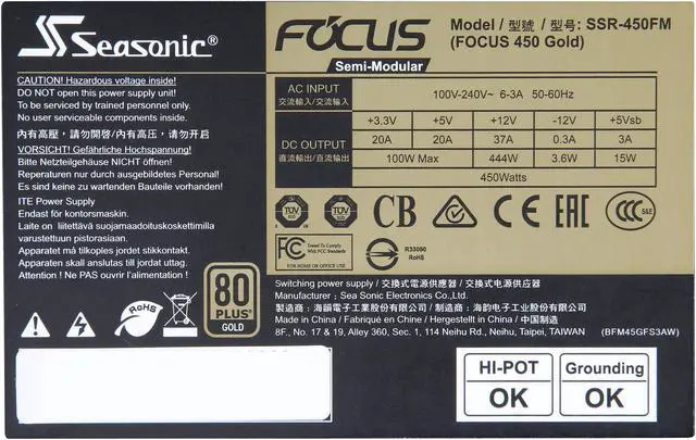 Alt view image 7 of 7 - Seasonic FOCUS series SSR-450FM 450W 80 + Gold Power Supply, Semi-Modular, ATX12V/EPS12V, Compact 140 mm Size, 7 yr warranty