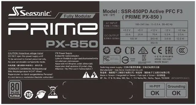 Alt view image 5 of 9 - Seasonic PRIME PX-850, 850W 80+ Platinum, Full Modular, Fan Control in Fanless, Silent, and Cooling Mode, 12 Year Warranty, Perfect Power Supply for Gaming and High-Performance Systems, SSR-850PD.