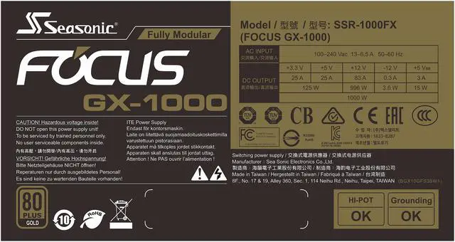 Alt view image 4 of 10 - Seasonic FOCUS GX-1000, 1000W 80+ Gold, Full-Modular, ATX Form Factor, Low Noise, Premium Japanese Capacitor, 10 Year Warranty, Nvidia RTX 30/40 Super, AMD GPU Compatible, Ref# SSR-1000FX